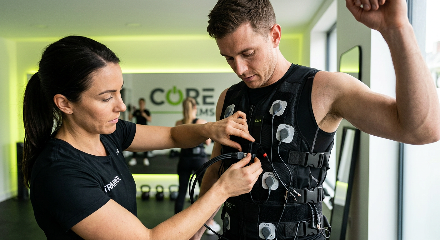 Entrenador ajustando un traje de electroestimulación muscular a un cliente